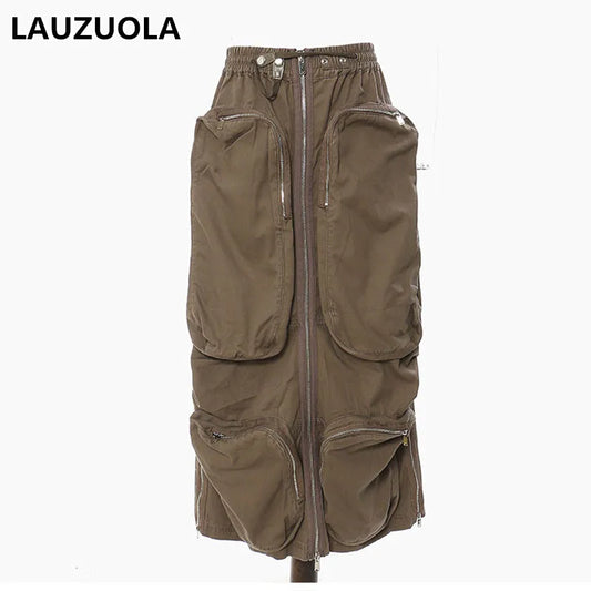 High Quality Luxury Multi Pocket Cargo Skirt 2022 Autumn WInter Fashion Streetwear Front Zipper Slash Neck Dress or Mid Skirts